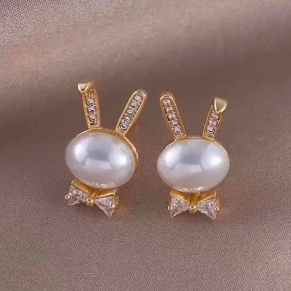 Bunny Rhinestone | Pearl Bougie Ears & Bow Tie Stud Gold Tone Earrings LAST PAIR - Picture 6 of 10